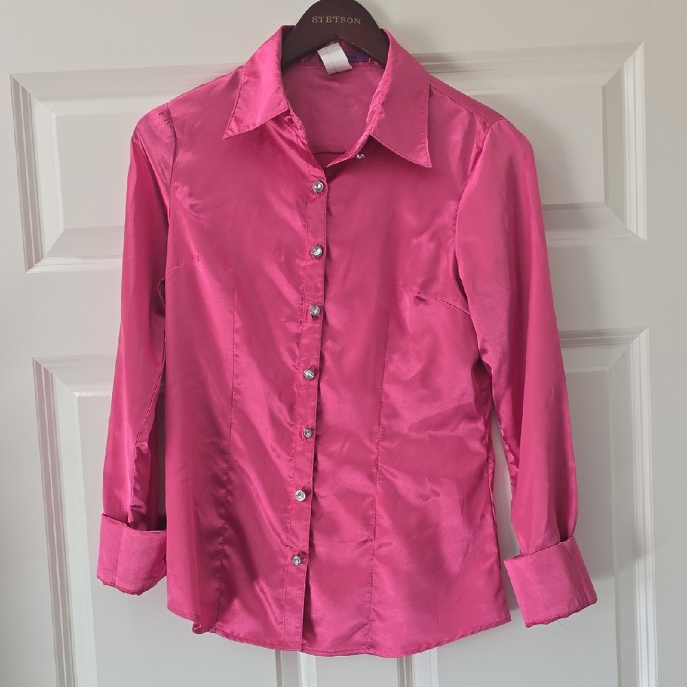 Pink Satin Button-Up Blouse
